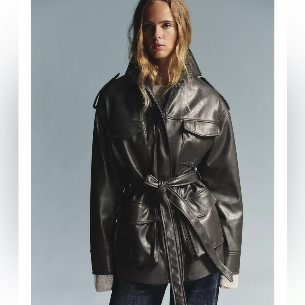 ZARA FAUX LEATHER POCKET JACKET-GREEN MARL-XS